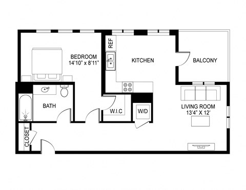 Floor plan for 1 bed, 1 bath, 783 sqft